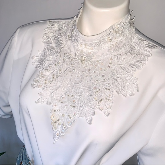 v i n t a g e :: Romantic Floral Lace High Neck Pearl Satin Blouse - Picture 2 of 14